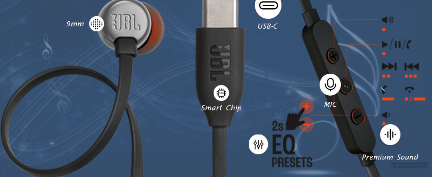 JBL Tune 310C wired earbuds with tangle-free cable, USB-C connector, and inline microphone.